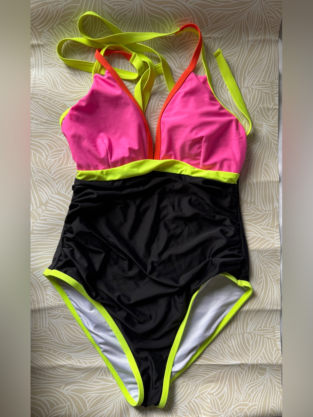 Popvil Colorblock One Piece Swimsuit Neon Pink Black Yellow Size Medium
